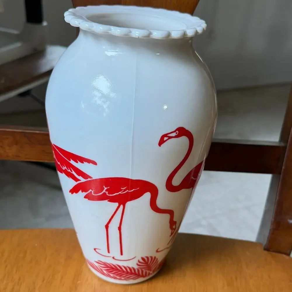 Vintage Red Flamingo Vase Anchor Hocking Vitrock Milk Glass 8